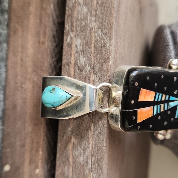 Amazing Handmade Native American Navajo Inlaid Pendant by Ray Jack 💙🖤🩵 - Picture 13 of 16